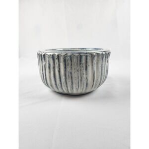 Vintage Studio Pottery Planter 8in Blue White Drip Glaze Ribbed Ceramic Bowl